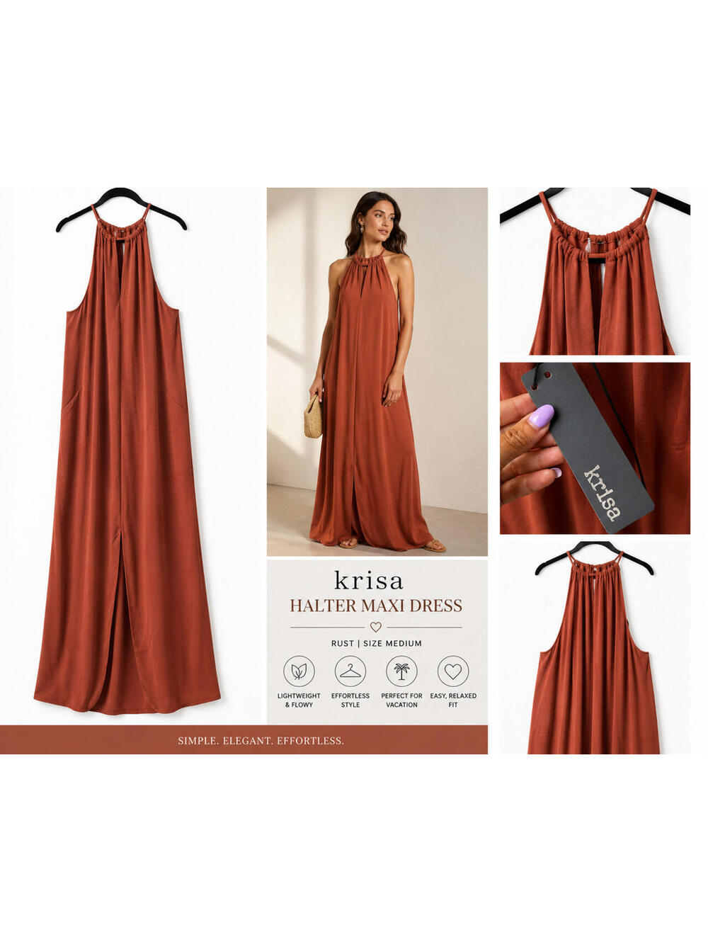 Krisa Rust Halter Maxi Dress Size M Keyhole Front Sleeveless Flowing Minimalist